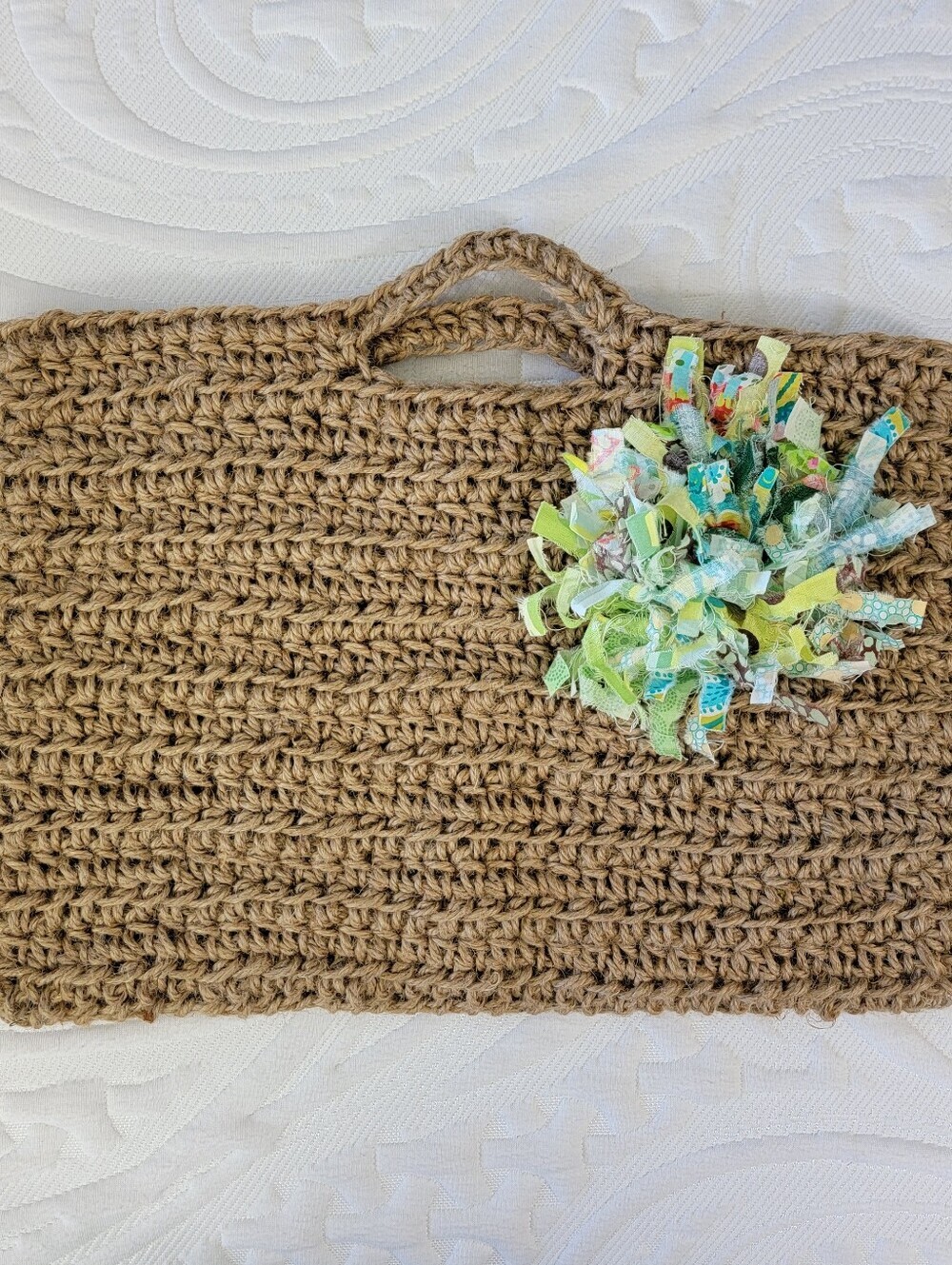 Handmade Thick Jute Woven Tote Bag With Decorative Fabric Scrap Green Pom Pom